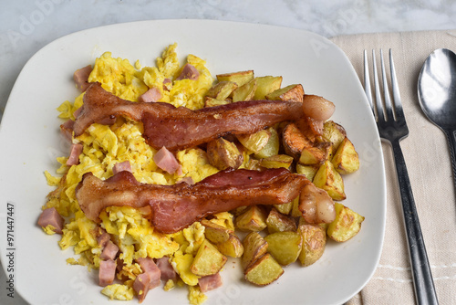 scramble eggs  with diced spam  and bacon