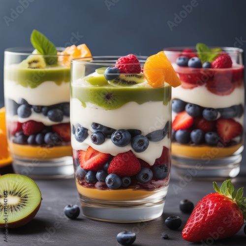 Three glasses layered with yogurt fresh fruit (blueberries strawberries kiwi) and mint garnish.