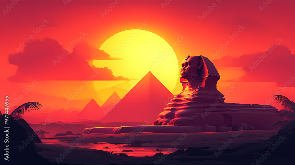 Obraz premium Mysterious ancient egyptian sphinx and pyramids at sunset historical landmark landscape. sphinx. illustration. Egyptian Pyramids. Illustration