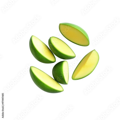 Green Mango Slices Falling on White Background