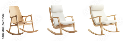 Elegant wooden rocking chairs in three designs, showcasing comfort and style for any living space. transparent background