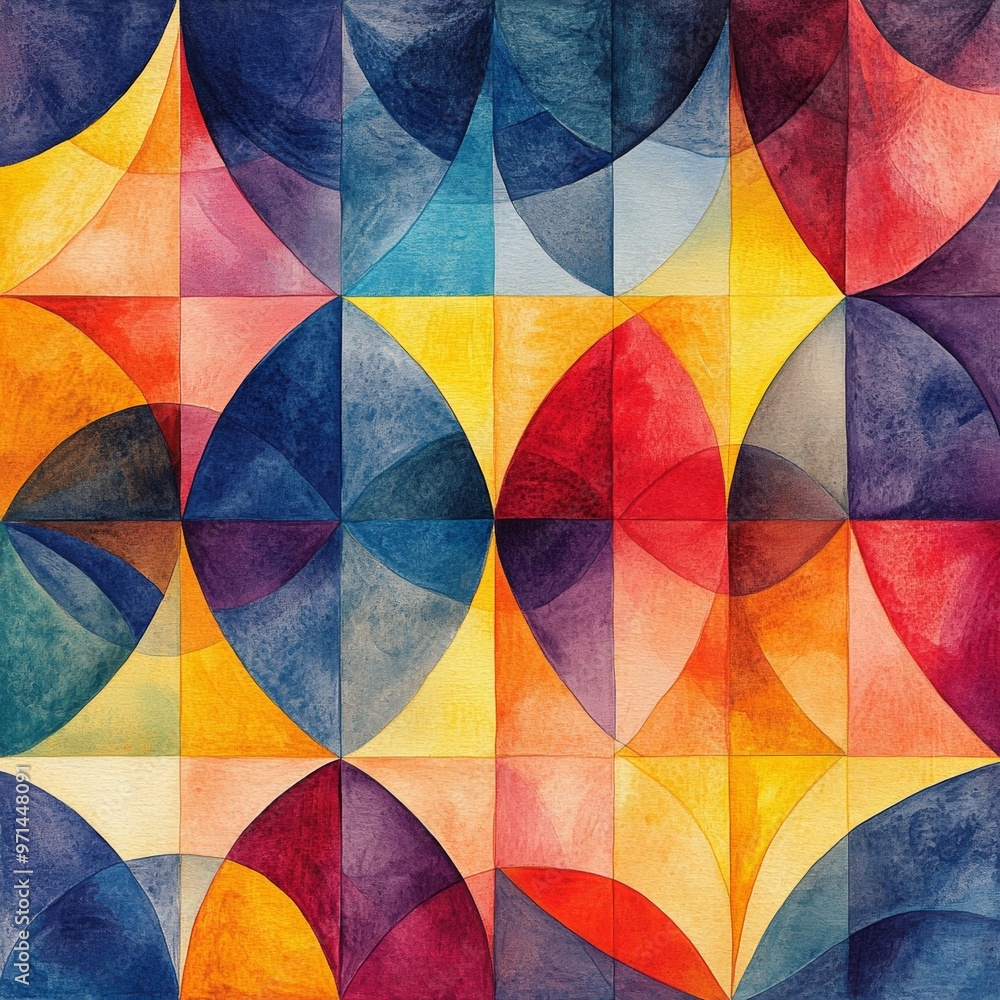 Fototapeta premium Abstract Watercolor Geometric Pattern with Circles and Squares in Vibrant Colors