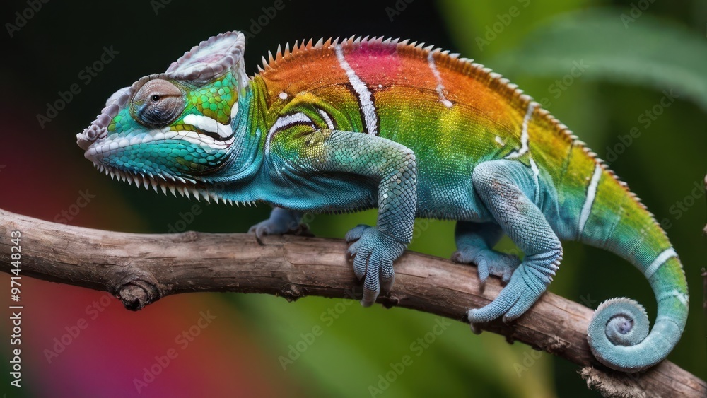 Fototapeta premium A vibrant chameleon perched on a branch, showcasing its colorful scales.