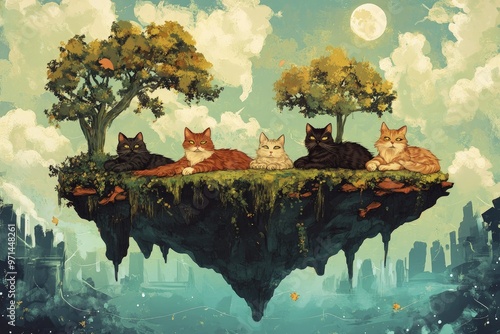 a painting of cats laying on a floating island photo