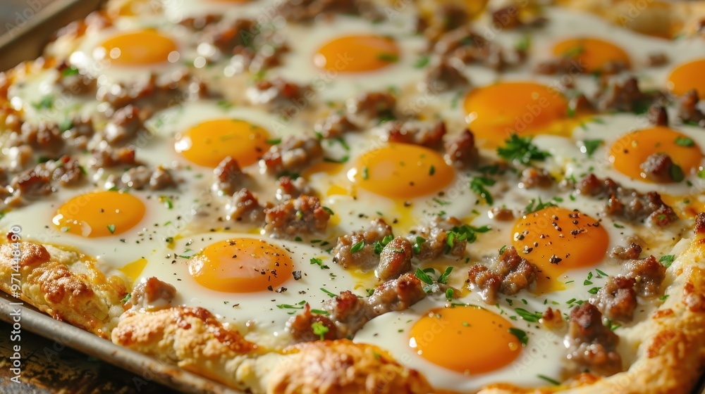 Breakfast pizza topped with sausage, eggs, and herbs Breakfast pizza topped with sausage, eggs, and herbs