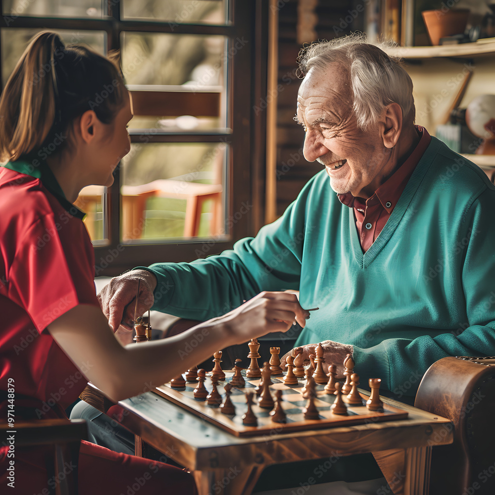 A female nurse and an old man are playing chess.