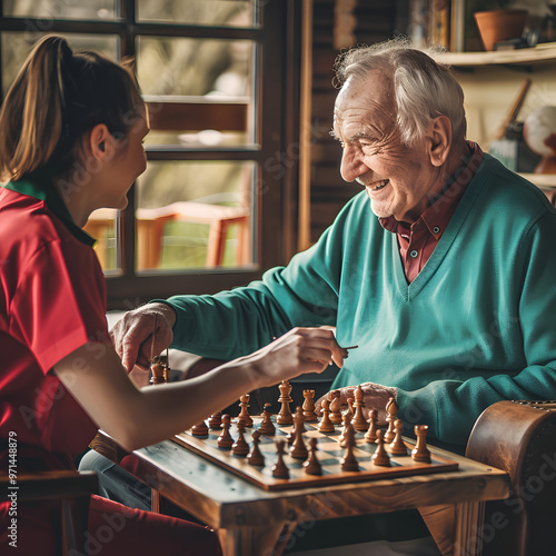 Obraz na płótnie A female nurse and an old man are playing chess. w salonie