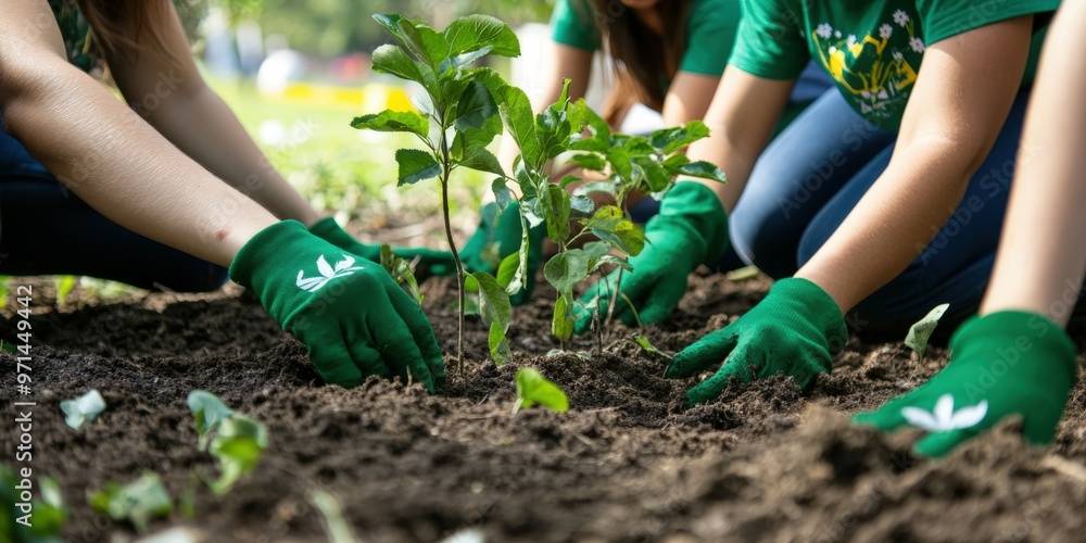 Fototapeta premium Community members planting seedlings in a garden during springtime efforts