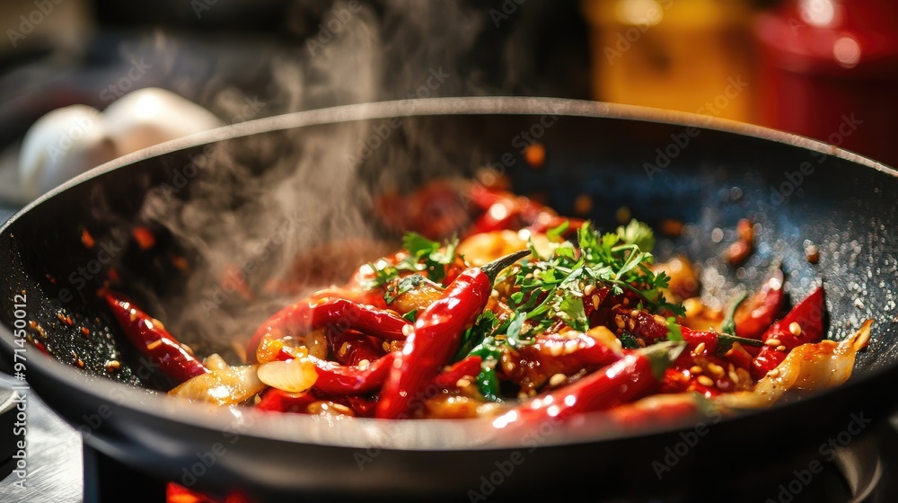 A sizzling stir-fry in a pan with red chili peppers, garlic, and herbs, capturing the aroma and heat of a freshly prepared, spicy dish. A sizzling stir-fry in a pan with red chili peppers, garlic, and herbs, capturing the aroma and heat of a freshly prepared, spicy dish.
