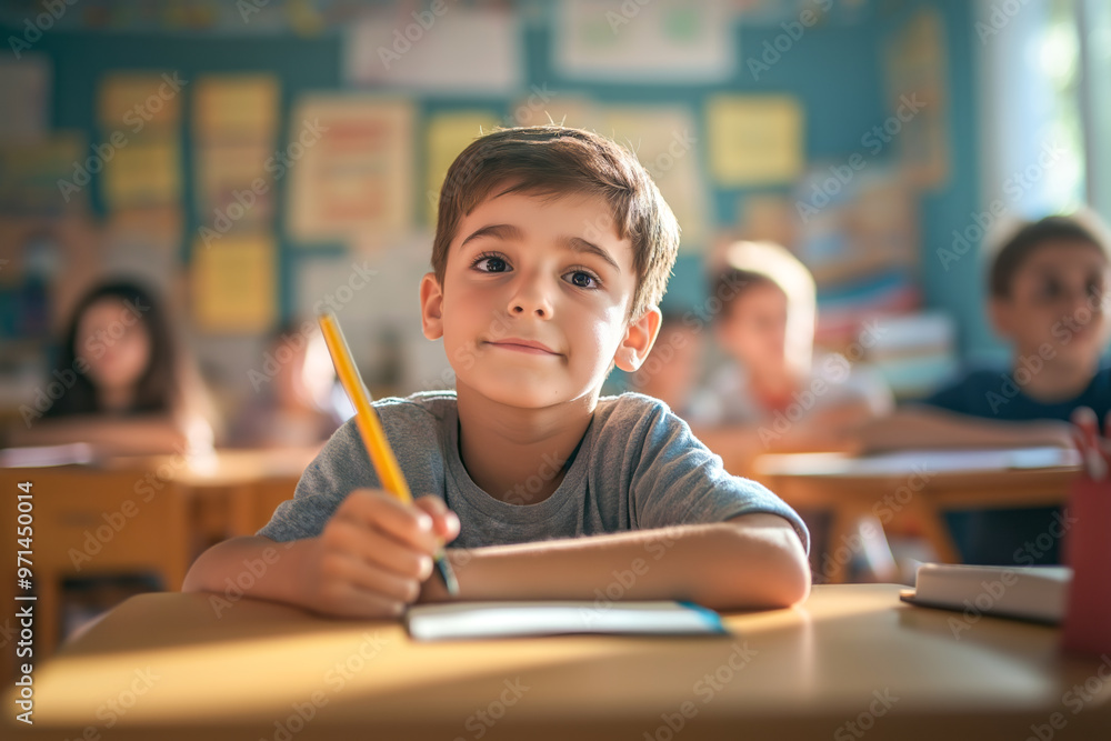 Thoughtful schoolboy holding a pencil, deep in thought while writing at his desk in a classroom. Thoughtful schoolboy holding a pencil, deep in thought while writing at his desk in a classroom.