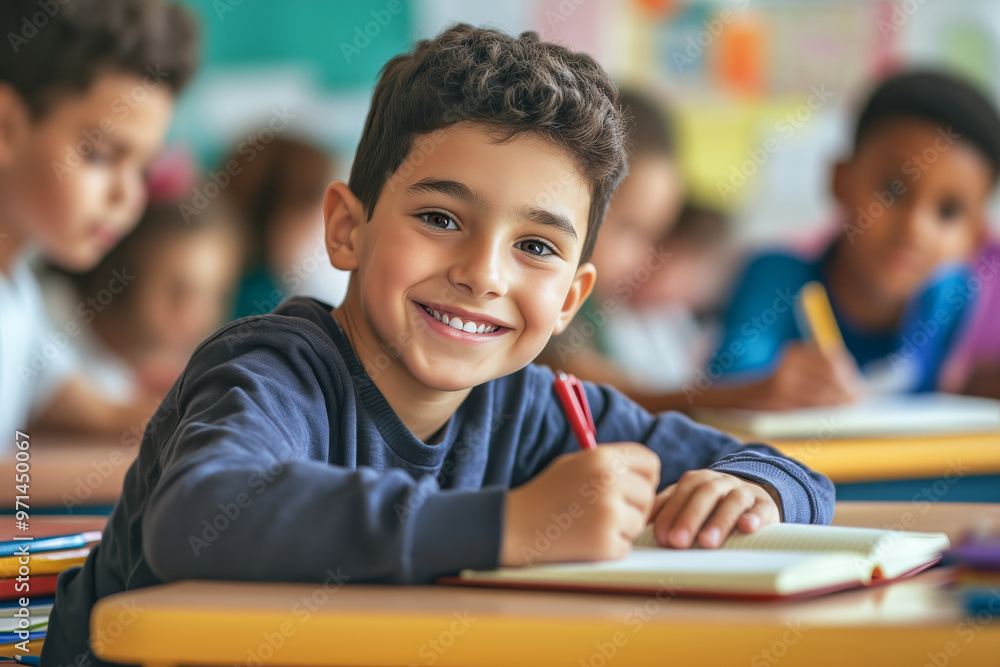 Cheerful young boy writing in his notebook in a busy classroom filled with other active students. Cheerful young boy writing in his notebook in a busy classroom filled with other active students.