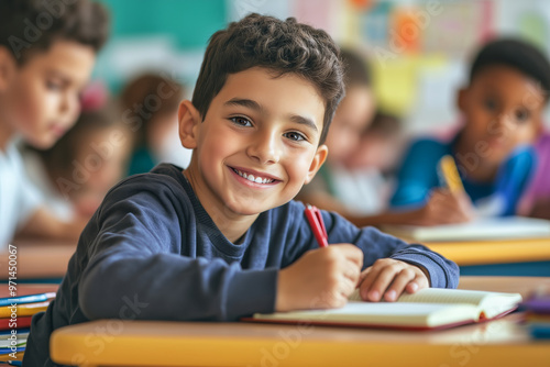 Cheerful young boy writing in his notebook in a busy classroom filled with other active students.