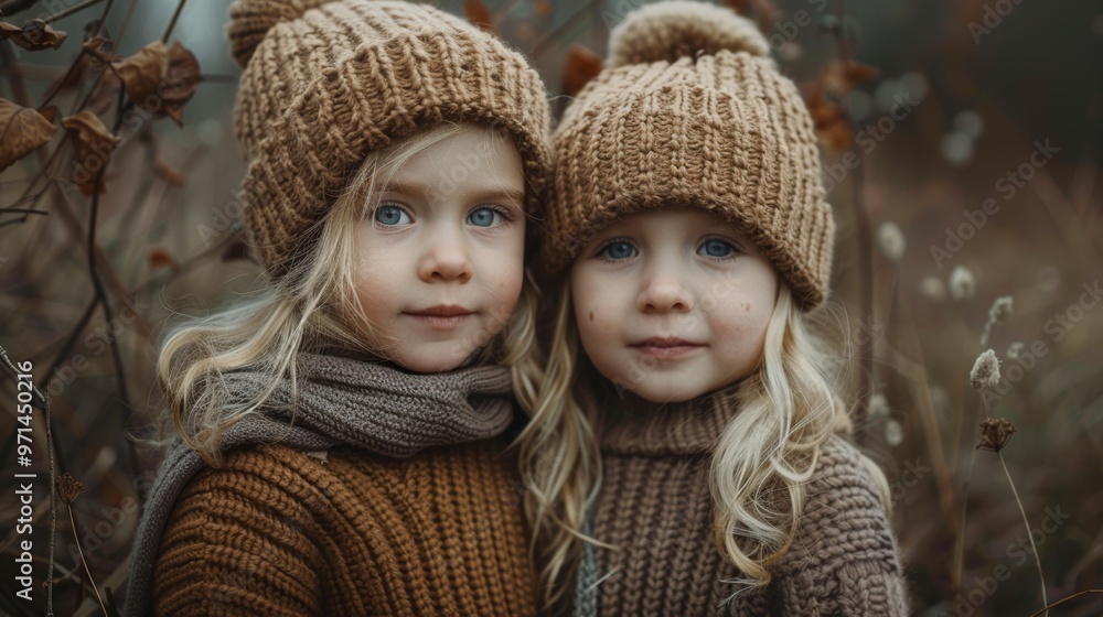 Two Cute Girls in Knitted Hats and Sweaters in Autumn Two Cute Girls in Knitted Hats and Sweaters in Autumn