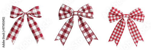 Set of three red and white checked bows ideal for gift wrapping and decorative purposes. transparent background