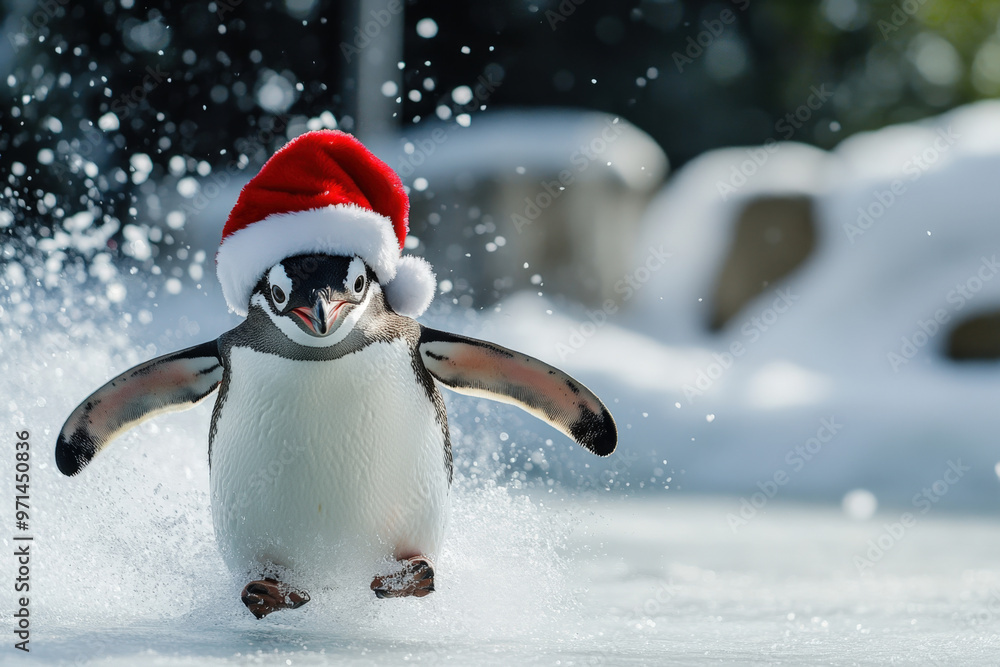 Penguin wearing a santa hat is running on ice with snow in the background Penguin wearing a santa hat is running on ice with snow in the background