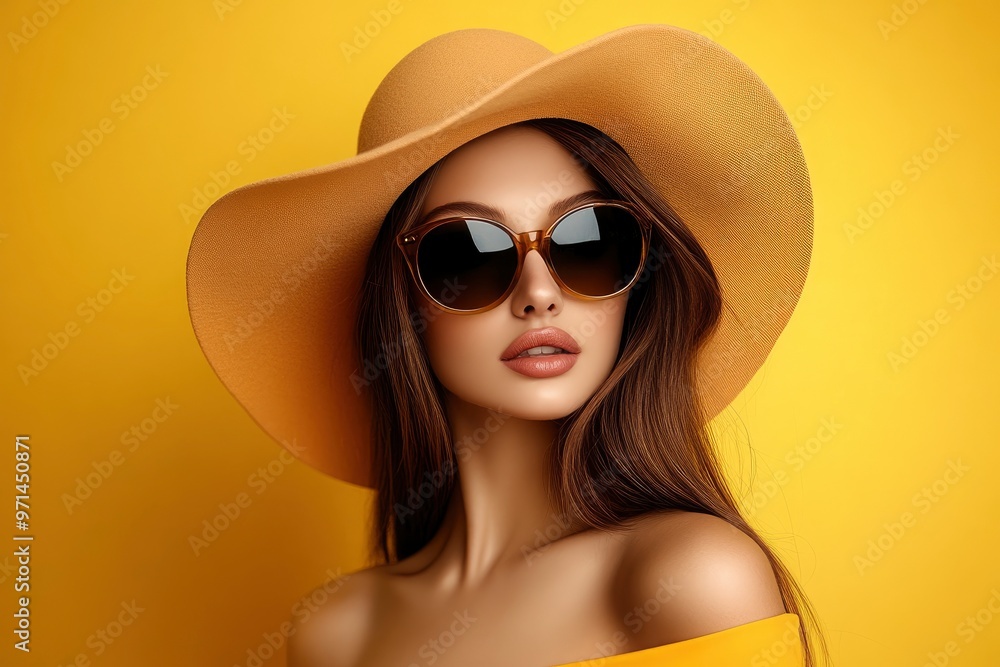 Portrait of beautiful girl in hat and sunglasses on colorful background. Fashion portrait of a beautiful young woman in sunglasses on a yellow summer background. with generative ai Portrait of beautiful girl in hat and sunglasses on colorful background. Fashion portrait of a beautiful young woman in sunglasses on a yellow summer background. with generative ai