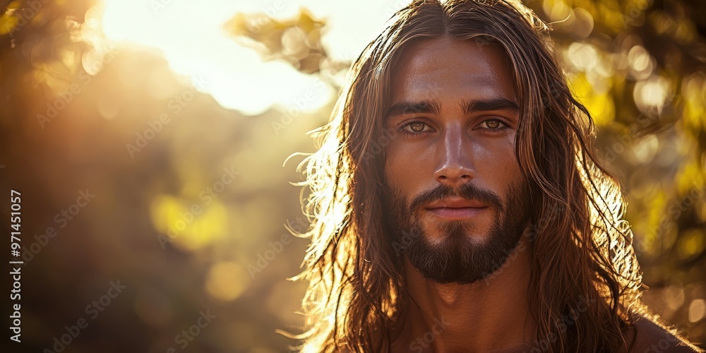 Golden hour portrait of Jesus Christ reflecting peace and serenity Golden hour portrait of Jesus Christ reflecting peace and serenity