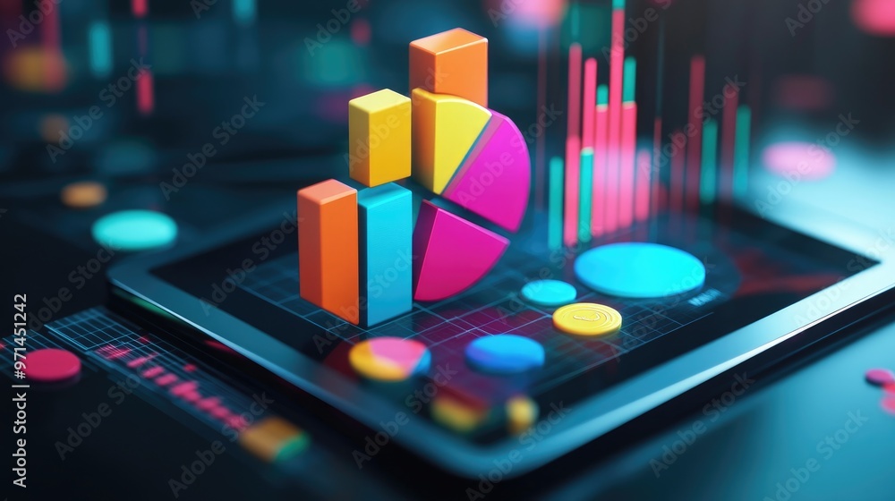 A vibrant 3D pie chart popping out of a tablet screen, showcasing interactive data analysis with colorful segments and percentages. A vibrant 3D pie chart popping out of a tablet screen, showcasing interactive data analysis with colorful segments and percentages.