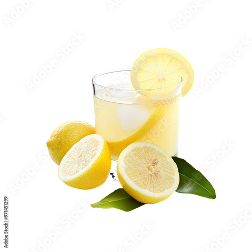 Glass of Lemonade with Lemon Slices and Leaves