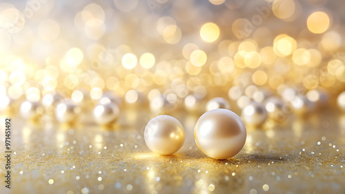 Two pearls on glittering surface with golden bokeh lights, luxury and elegance