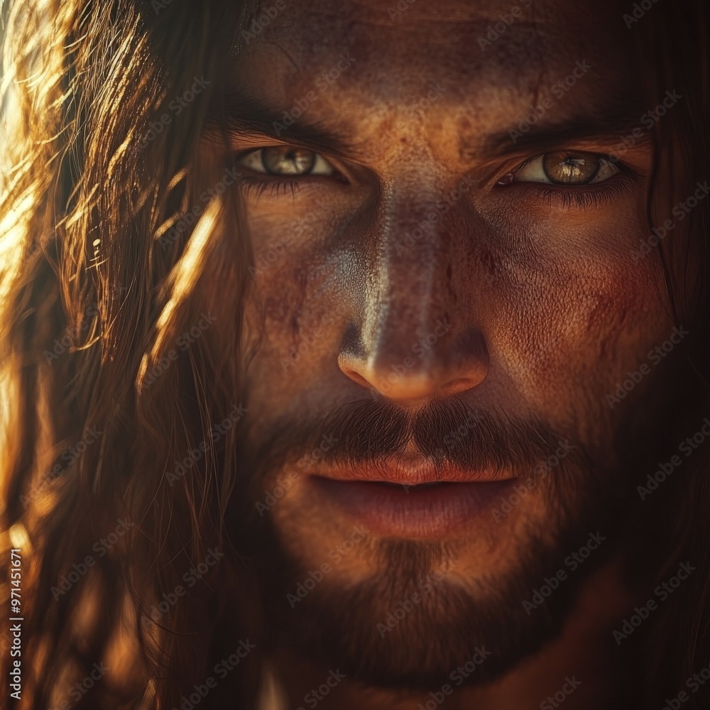 Portrait of Jesus Christ with long hair and intense gaze, outdoors Portrait of Jesus Christ with long hair and intense gaze, outdoors