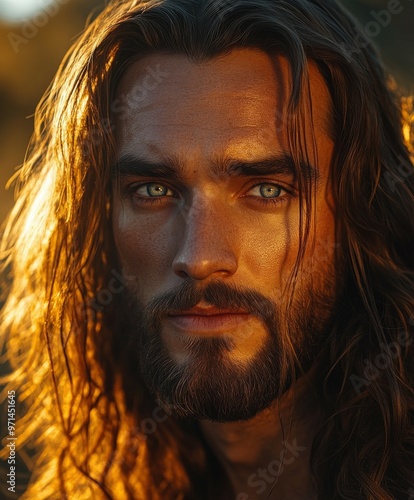 Jesus Christ portrayed in warm light with long hair and a beard