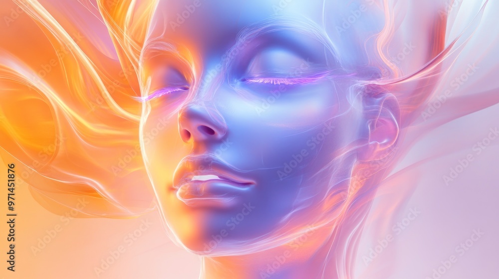 female humanoid robot face in light painting, looking at the camera, in white and dark purple swirling vortexes on a white background female humanoid robot face in light painting, looking at the camera, in white and dark purple swirling vortexes on a white background