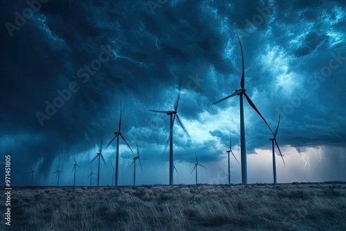 Wind turbines standing tall against a stormy sky, demonstrating resilience in renewable energy