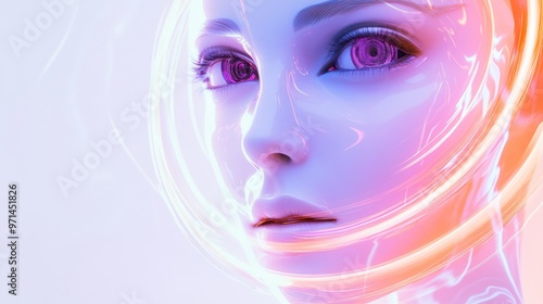 female humanoid robot face in light painting, looking at the camera, in white and dark purple swirling vortexes on a white background