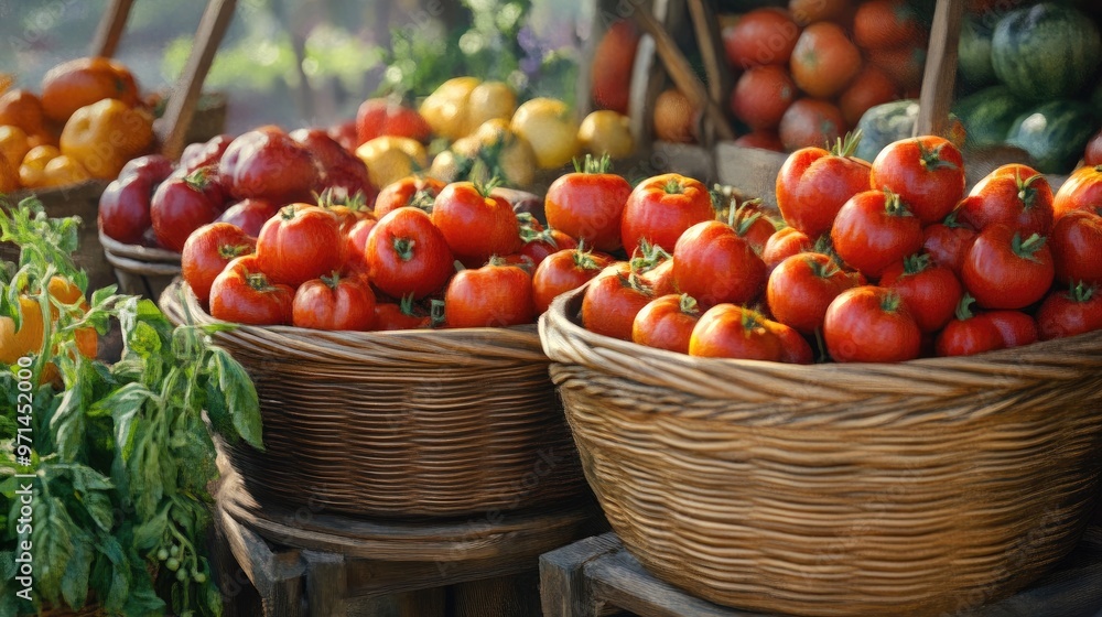 A vibrant farmer market scene with baskets of tomatoes, highlighting their variety and texture amidst other fresh produce and a lively market atmosphere. A vibrant farmer market scene with baskets of tomatoes, highlighting their variety and texture amidst other fresh produce and a lively market atmosphere.