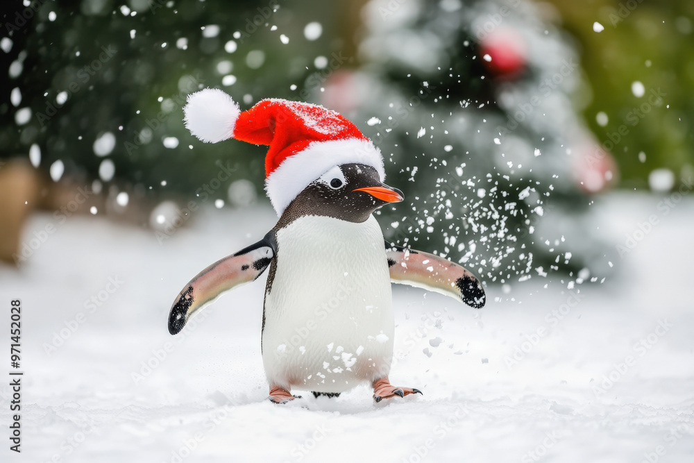 Penguin wearing a santa hat waddling through the snow