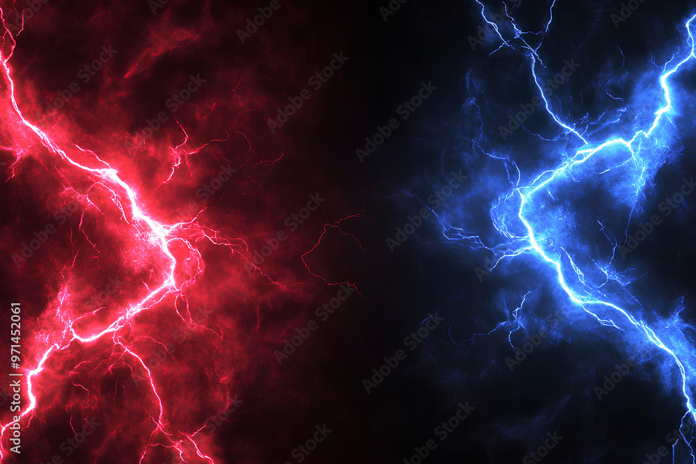 A striking visual of red and blue lightning bolts against a dark background. A striking visual of red and blue lightning bolts against a dark background.