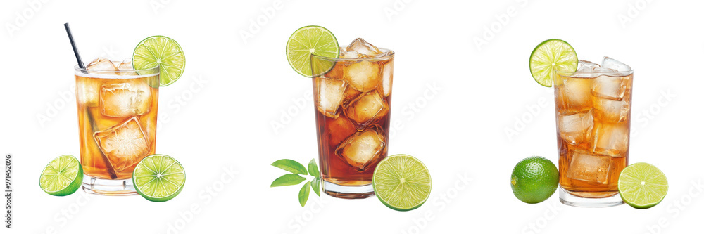 Three refreshing iced tea drinks with lime, displaying vibrant colors and enticing garnishes for a summer vibe. transparent background Three refreshing iced tea drinks with lime, displaying vibrant colors and enticing garnishes for a summer vibe. transparent background
