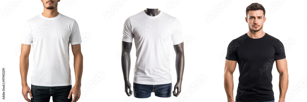 Three stylish men showcasing classic t-shirts in white and black colors, perfect for casual wear and fashion photography. transparent background Three stylish men showcasing classic t-shirts in white and black colors, perfect for casual wear and fashion photography. transparent background