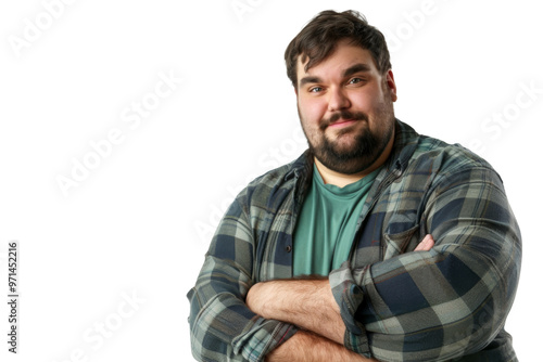 Portrait of a kindly fat man with a funny, smiling face, posing with charm and confidence, isolated on a transparent png background photo