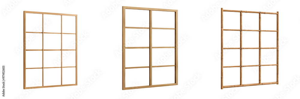 Three wooden windows with a grid pattern, showcasing a design perfect for rustic or classic architecture. transparent background