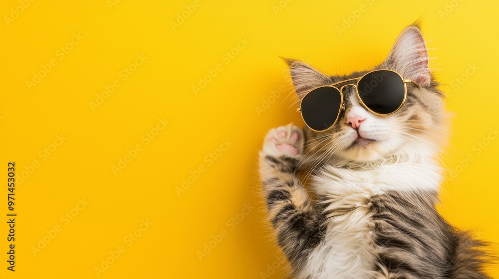 A cool cat with aviator sunglasses, sitting proudly on a bright yellow background A cool cat with aviator sunglasses, sitting proudly on a bright yellow background