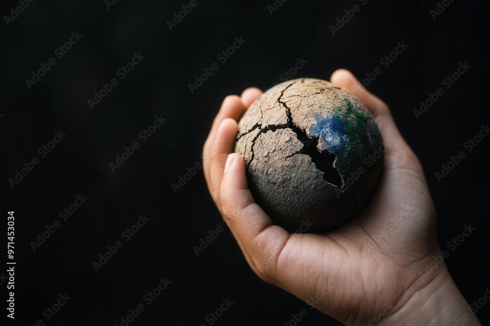A hand holds a cracked globe, symbolizing environmental issues and the fragile state of our planet. A hand holds a cracked globe, symbolizing environmental issues and the fragile state of our planet.