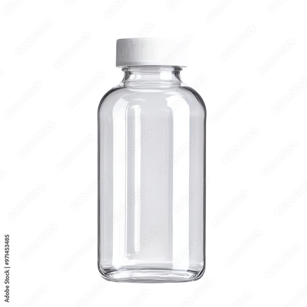 A clear glass bottle with a white cap, perfect for storing liquids or as a decorative item in your kitchen. transparent background A clear glass bottle with a white cap, perfect for storing liquids or as a decorative item in your kitchen. transparent background