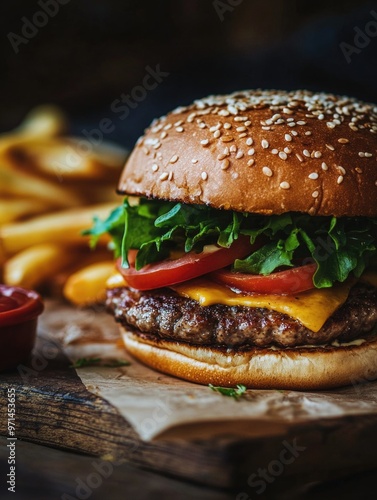 Hamburger with Lettuce Tomato Cheese French Fries