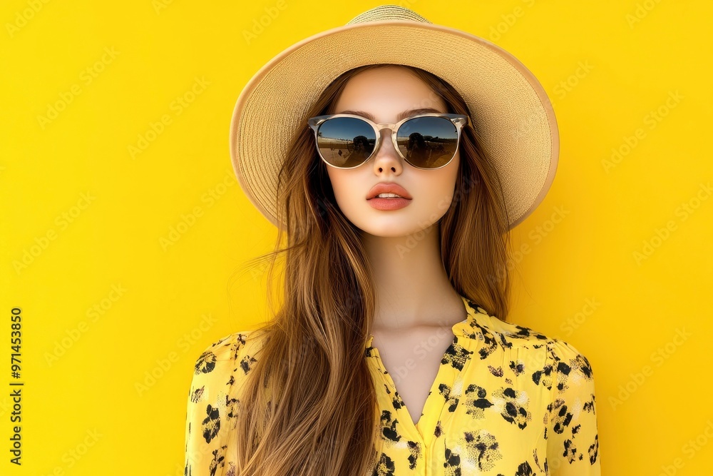 Fototapeta premium Portrait of beautiful girl in hat and sunglasses on colorful background. Fashion portrait of a beautiful young woman in sunglasses on a yellow summer background. with generative ai