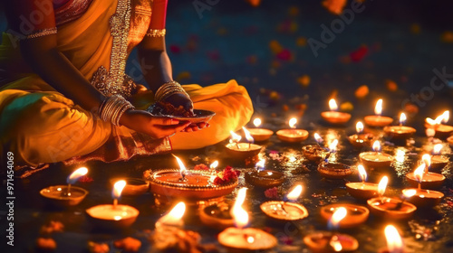 A woman in traditional outfit is seated amidst glowing oil lamps during Diwali festival, creating serene and festive atmosphere. warm light of candles enhances celebrations beauty and joy photo