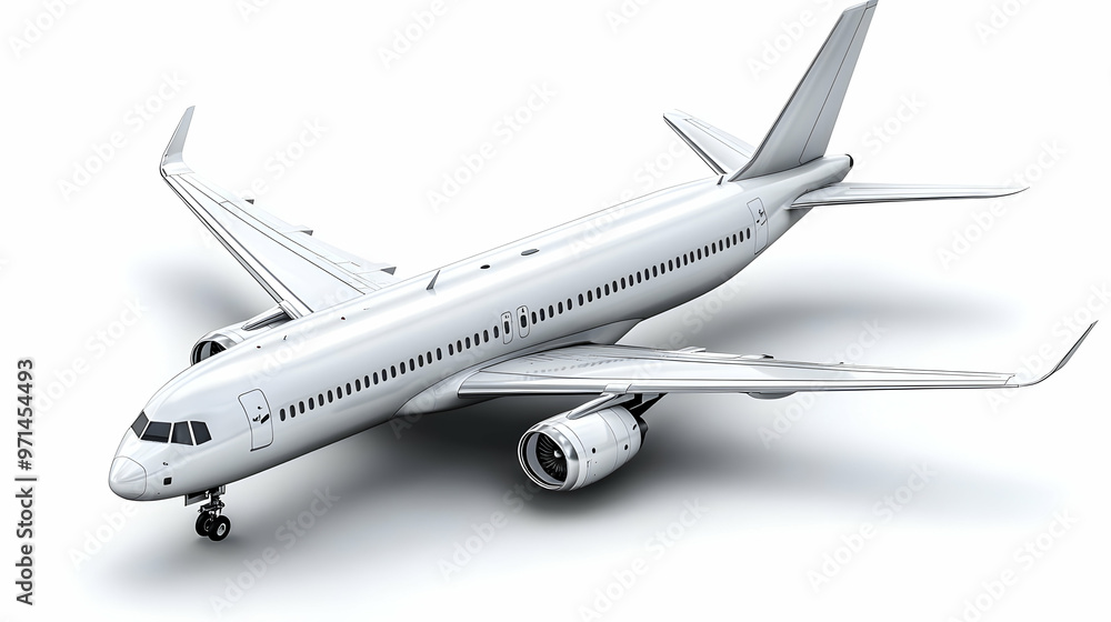 A 3D rendering of a modern airplane in a sleek, minimalist design. A 3D rendering of a modern airplane in a sleek, minimalist design.