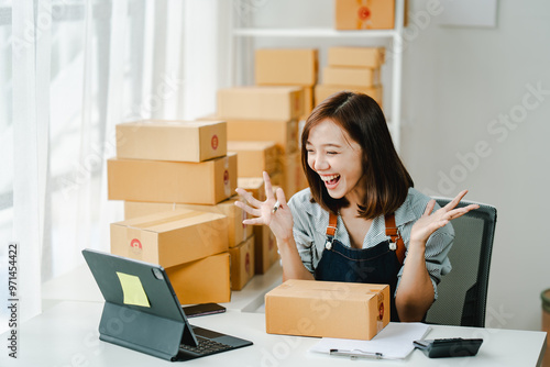 Small online business owners are very excited to be able to make sales. The seller is inspecting the parcel and packing the product before sending. Preparing packages for SME e-commerce delivery servi