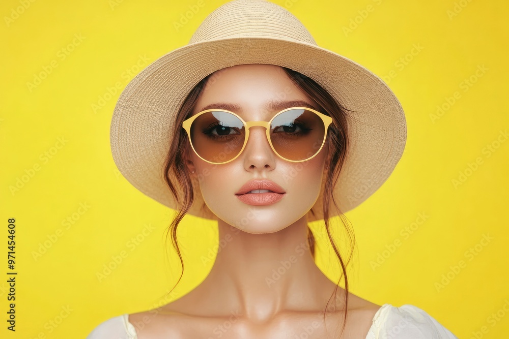 Portrait of beautiful girl in hat and sunglasses on colorful background. Fashion portrait of a beautiful young woman in sunglasses on a yellow summer background. with generative ai Portrait of beautiful girl in hat and sunglasses on colorful background. Fashion portrait of a beautiful young woman in sunglasses on a yellow summer background. with generative ai
