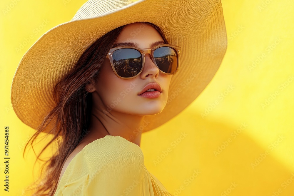 Portrait of beautiful girl in hat and sunglasses on colorful background. Fashion portrait of a beautiful young woman in sunglasses on a yellow summer background. with generative ai Portrait of beautiful girl in hat and sunglasses on colorful background. Fashion portrait of a beautiful young woman in sunglasses on a yellow summer background. with generative ai