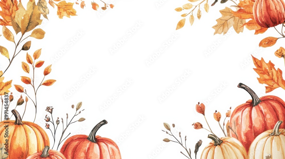Naklejka premium Watercolor Autumn Harvest Border with Pumpkins