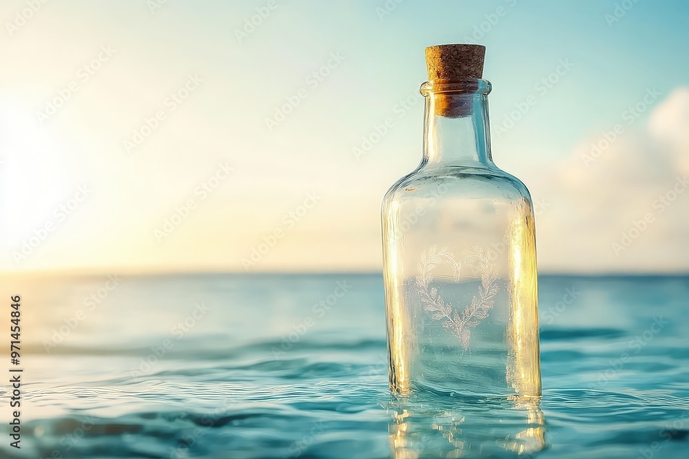 Glass bottle floating in serene ocean water Glass bottle floating in serene ocean water
