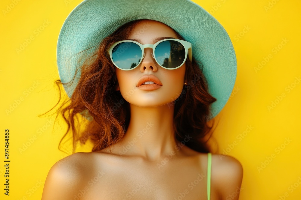 Portrait of beautiful girl in hat and sunglasses on colorful background. Fashion portrait of a beautiful young woman in sunglasses on a yellow summer background. with generative ai Portrait of beautiful girl in hat and sunglasses on colorful background. Fashion portrait of a beautiful young woman in sunglasses on a yellow summer background. with generative ai
