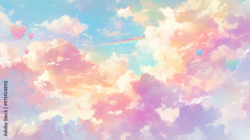 Rainbow sky painting with hearts in the clouds illustrated as a background pattern in vector style Rainbow sky painting with hearts in the clouds illustrated as a background pattern in vector style